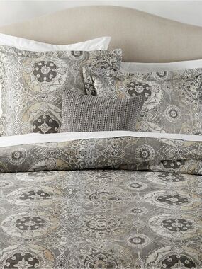 Neutral Medallion Pattern Comforter Duvet Cover - Gray & Cream